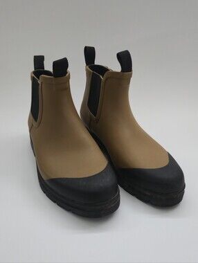 Everlane Tan Chelsea Rain Boots with Black Toe Cap